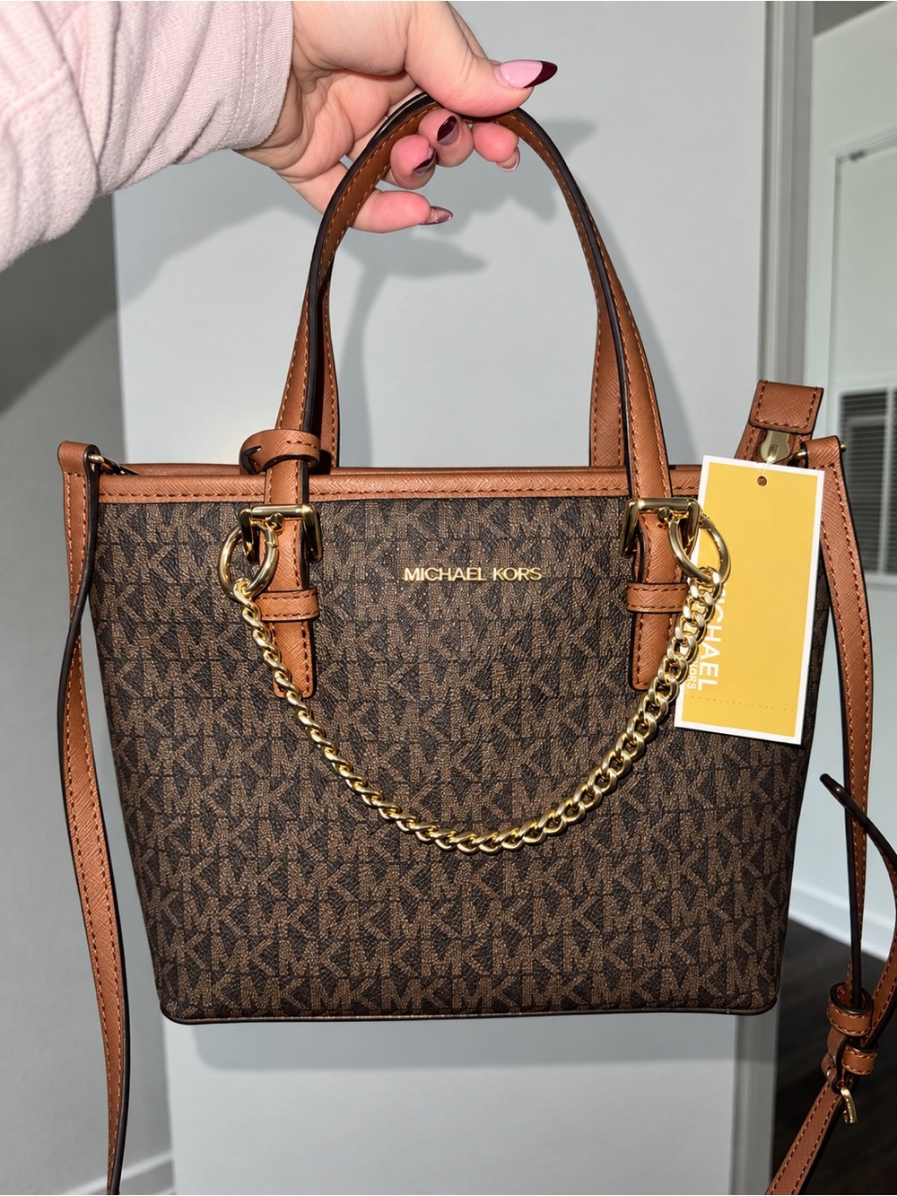 Michael Kors Brown Logo Satchel with Tan Trim and Gold Hardware